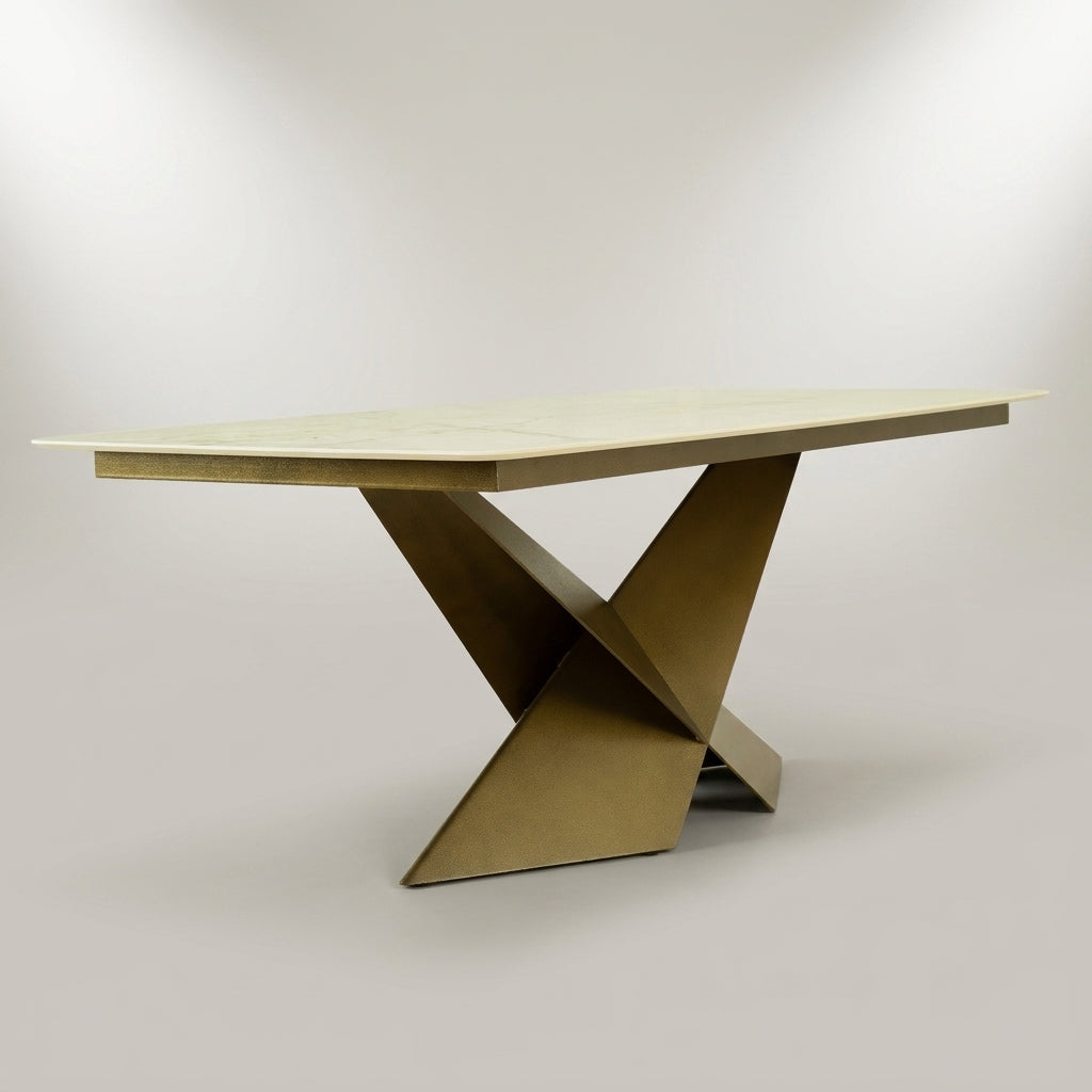 Square Cream Marble Dining Table with Bronze Base by Zodiya