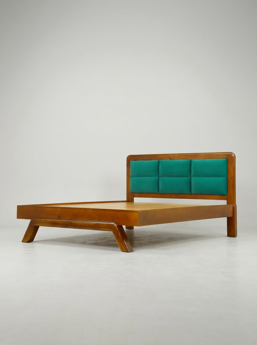 Timberlux Queen size Bed with Green Cushion Headboard By Zodiya