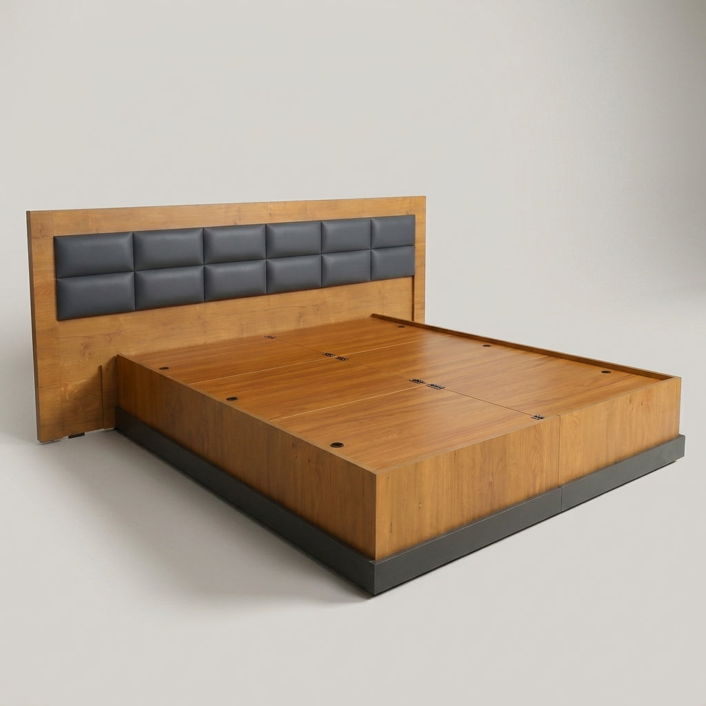Enora Wooden King Bed with Storage & Leather Headboard by Zodiya-4