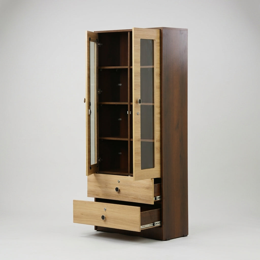Stilo Beige Glass Door Bookshelf with Drawer By Zodiya-6