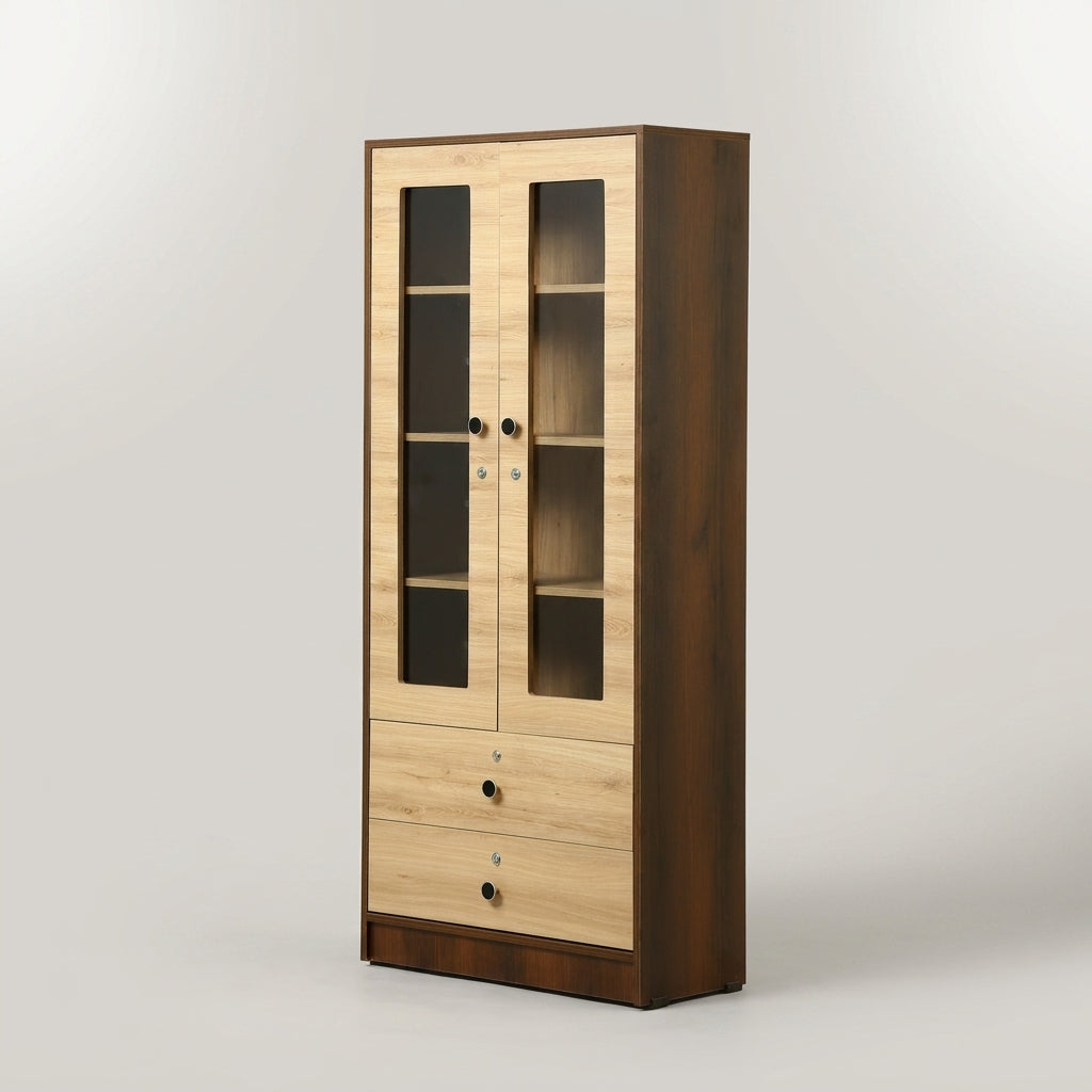 Stilo Beige Glass Door Bookshelf with Drawer By Zodiya-7