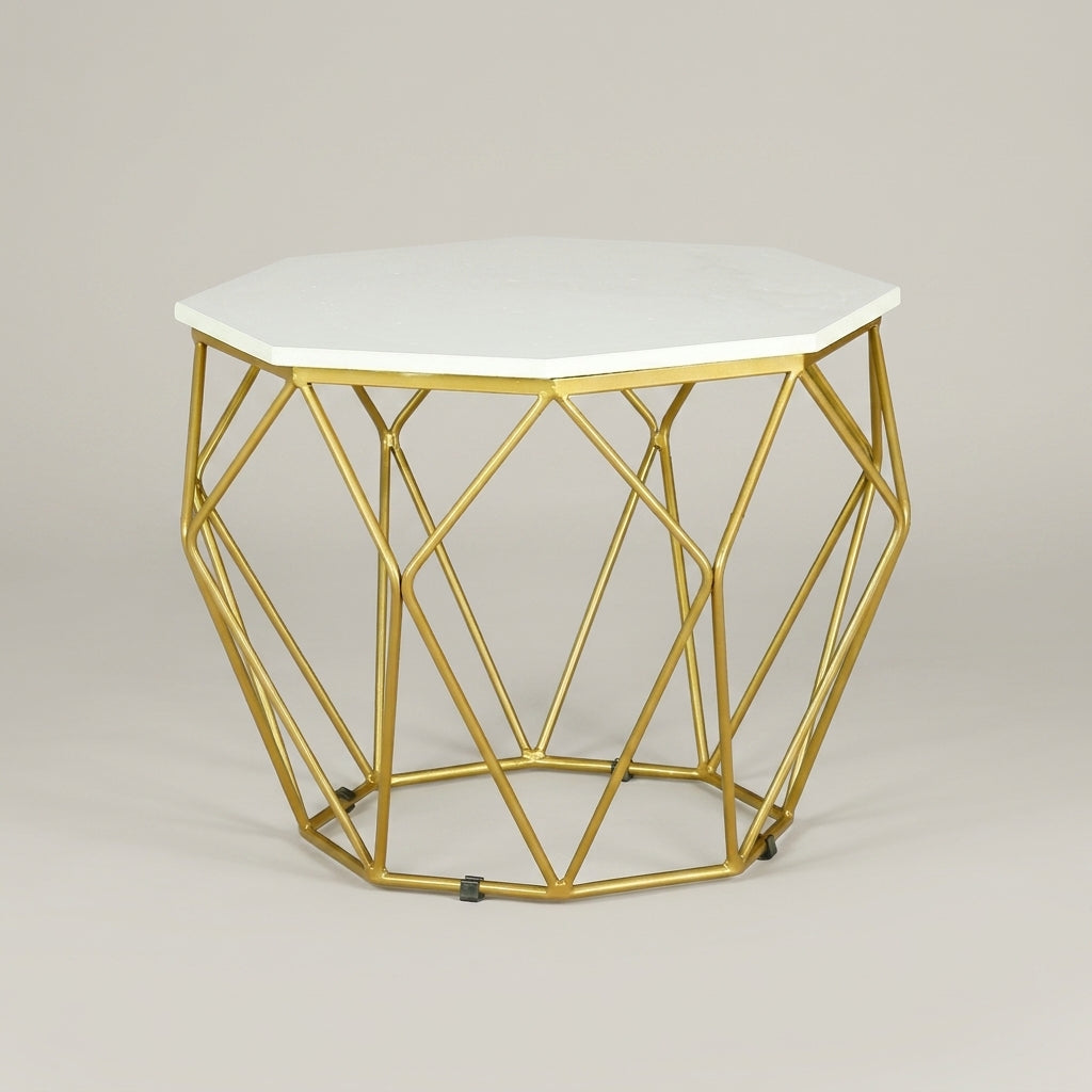 Hexagon Marble Side Table with Gold Metal Frame by Zodiya