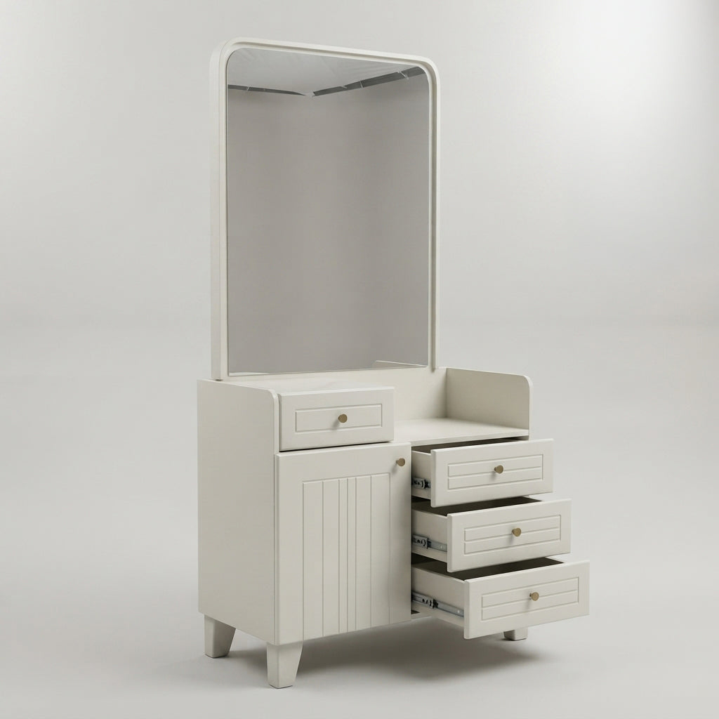 Engineered Wood White Dressing Table with Mirror & 4 Drawers by Zodiya