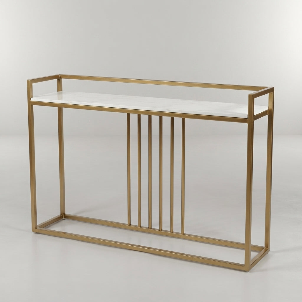 White Slim Marble Console Table with Gold Geometric Base