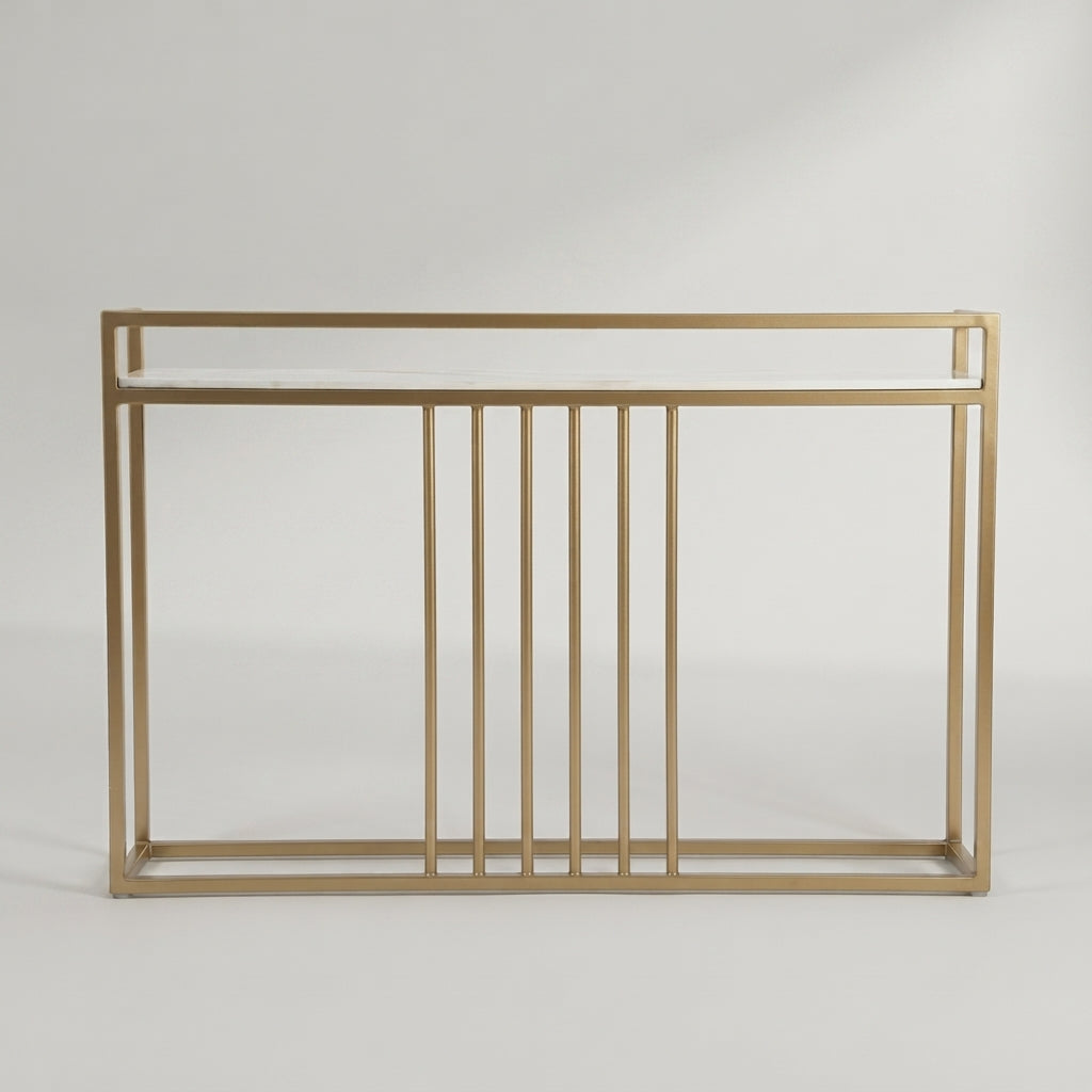 White Slim Marble Console Table with Gold Geometric Base-4