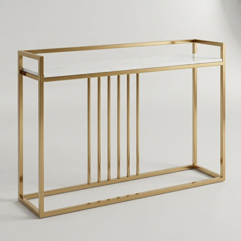 White Slim Marble Console Table with Gold Geometric Base-5