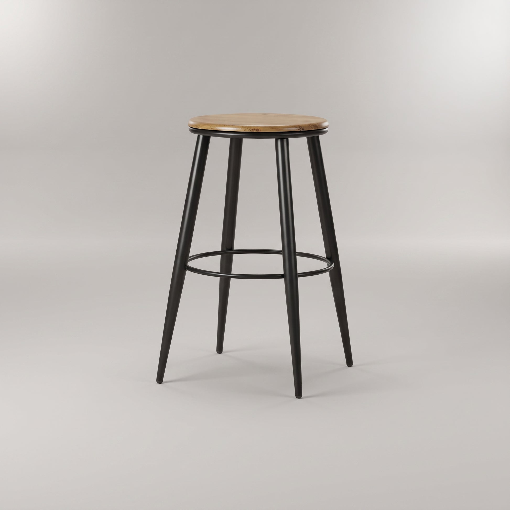 Modern Round Wooden Bar Stool with Black Metal Legs by Zodiya-3