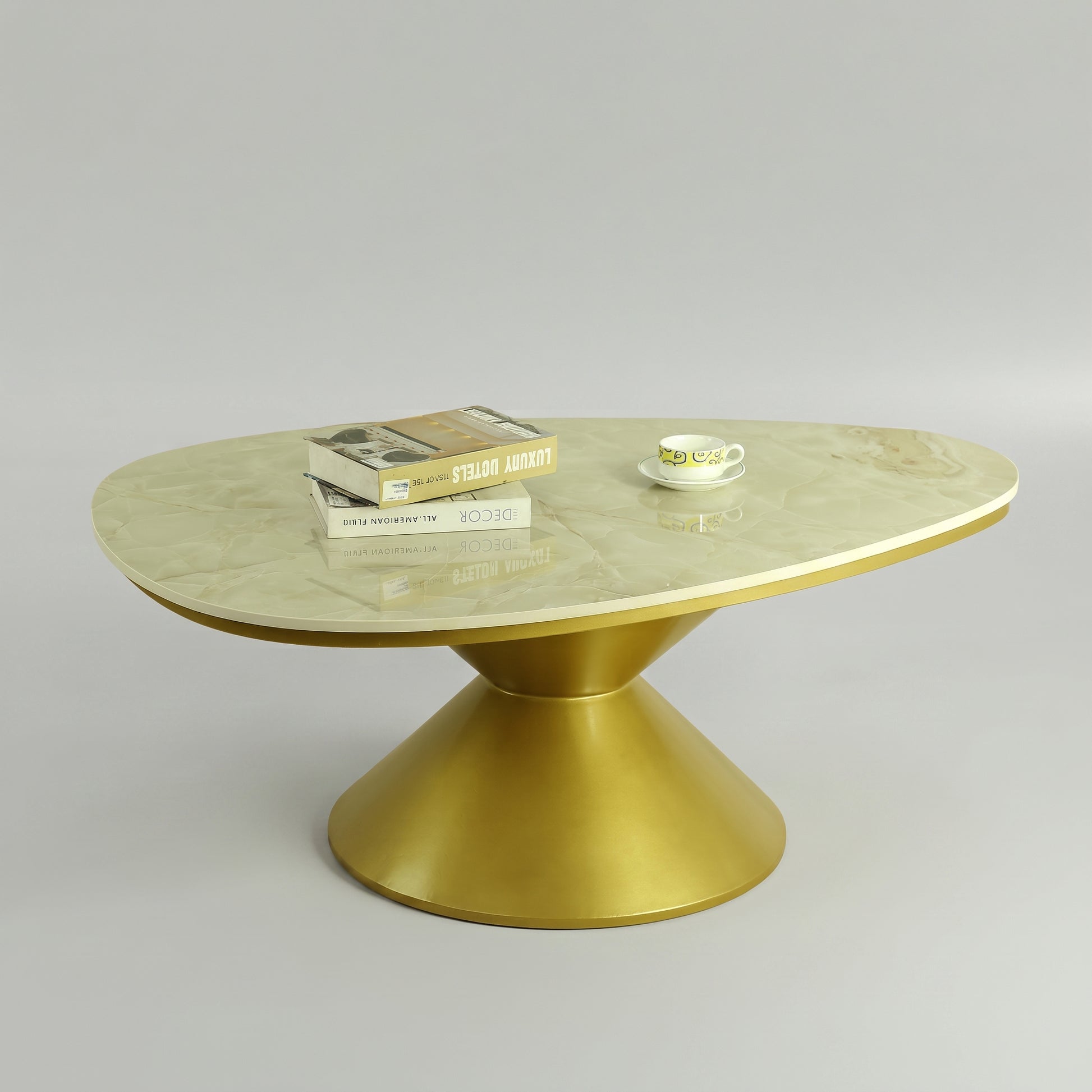 Oval Marble Coffee Table with Gold Pedestal Base by Zodiya-6