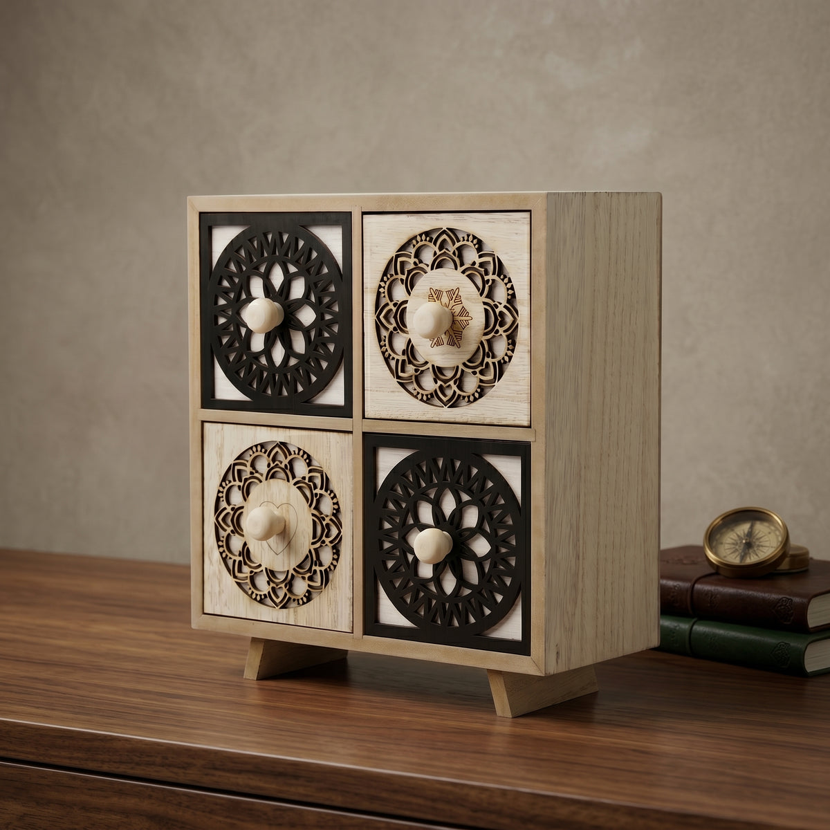 Black Wooden 4 Drawer Organiser Box by Zodiya