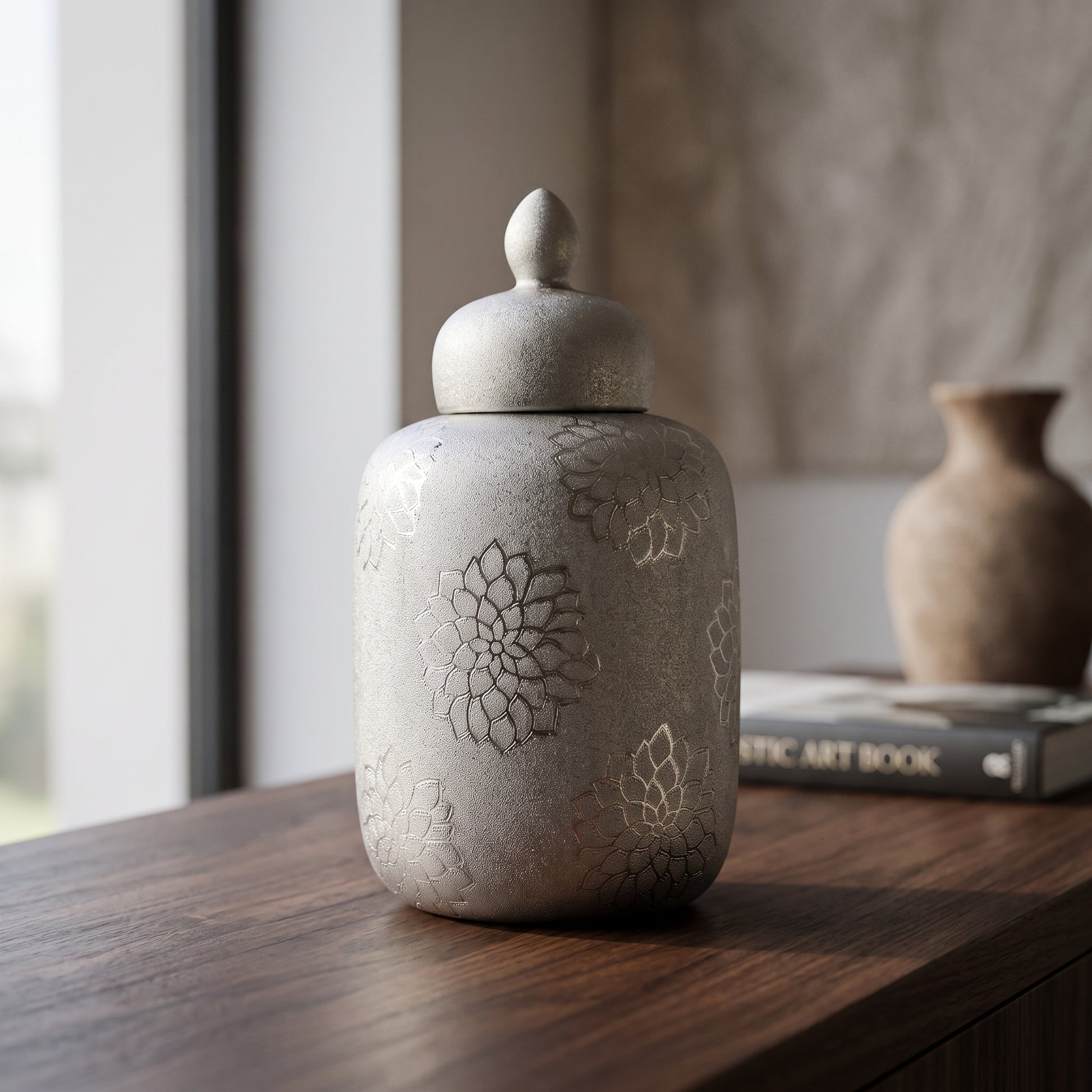 Silver Ceramic Lidded Jar Vase By Zodiya-1