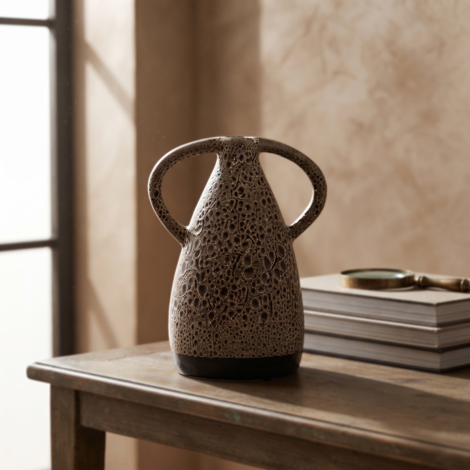 Glittery Brown Ceramic Flower Vase with Handle by Zodiya