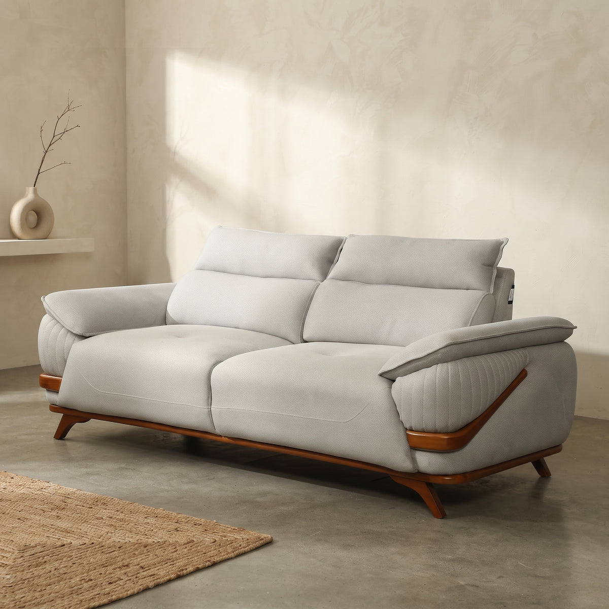 Modexa Grey Leather 3 Seater Sofa ( Wooden Base) by Zodiya