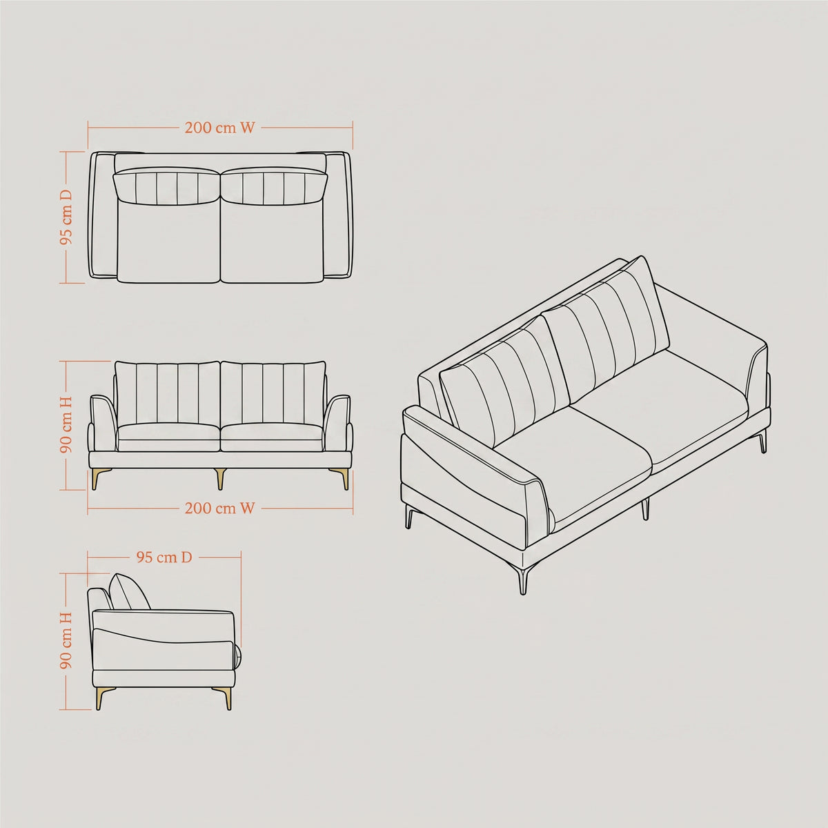 Access Tan Leather 3 Seater Sofa with Gold Legs by Zodiya