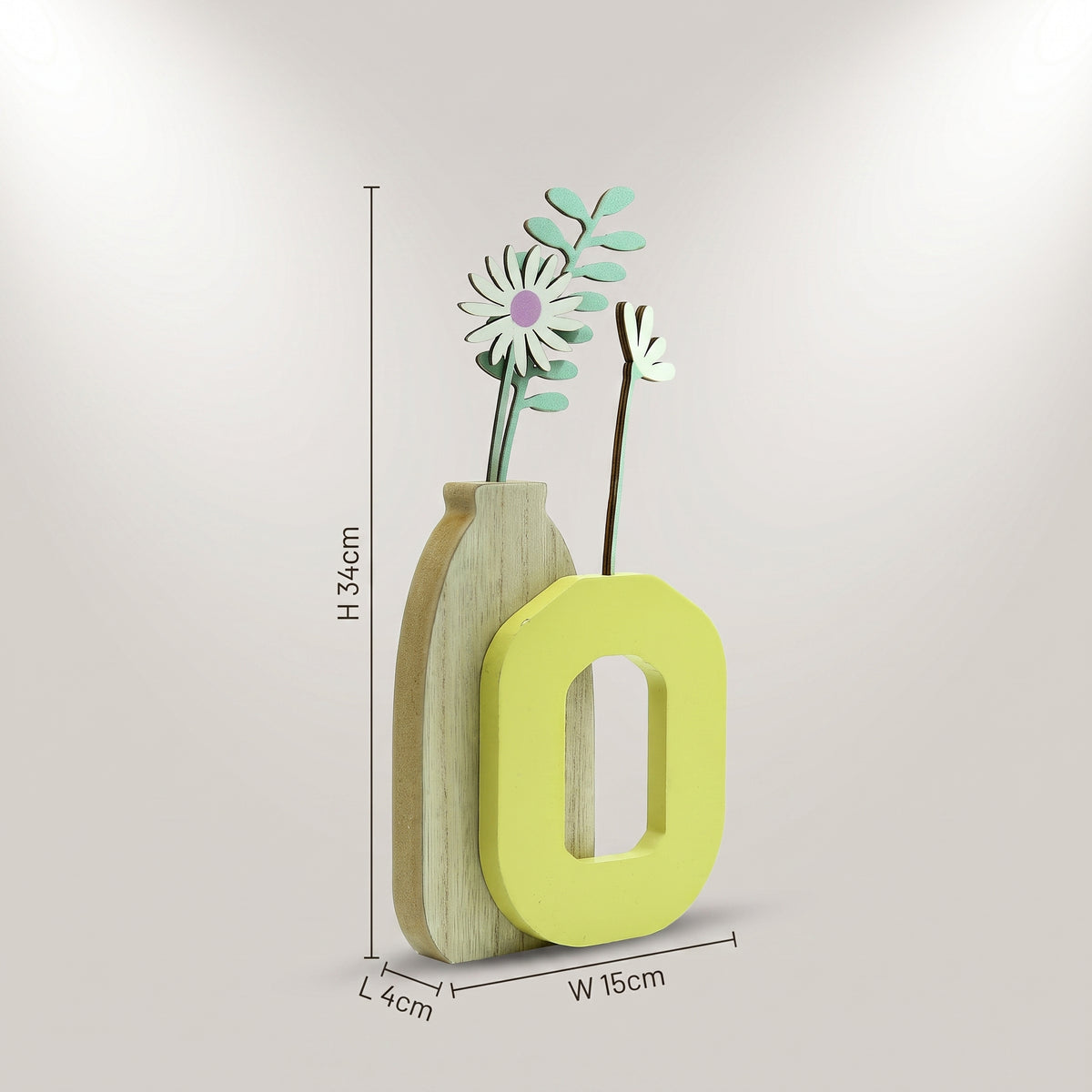 Yellow Wooden Floral Vase Wall Decor by Zodiya