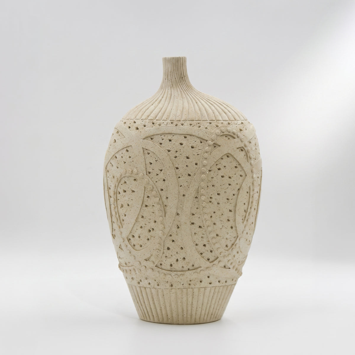 Beige Carved Ceramic Flower Vase By Zodiya