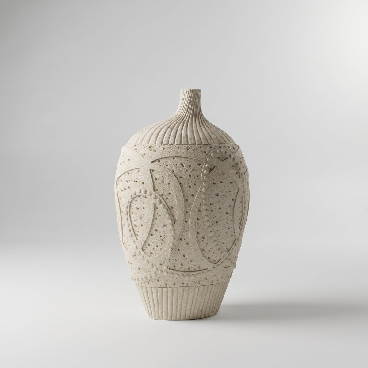 Beige Carved Ceramic Flower Vase By Zodiya