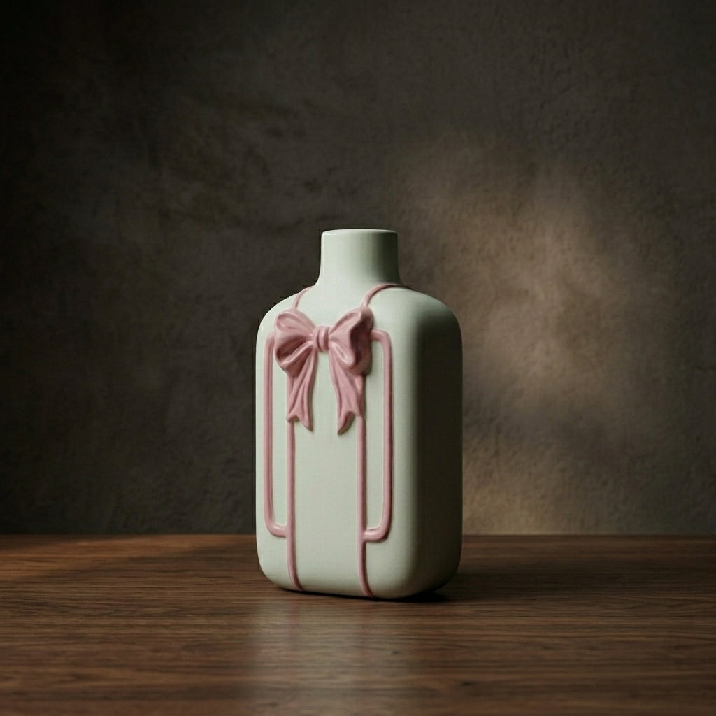 Small Ceramic Vase with Pink Ribbon Design by Zodiya