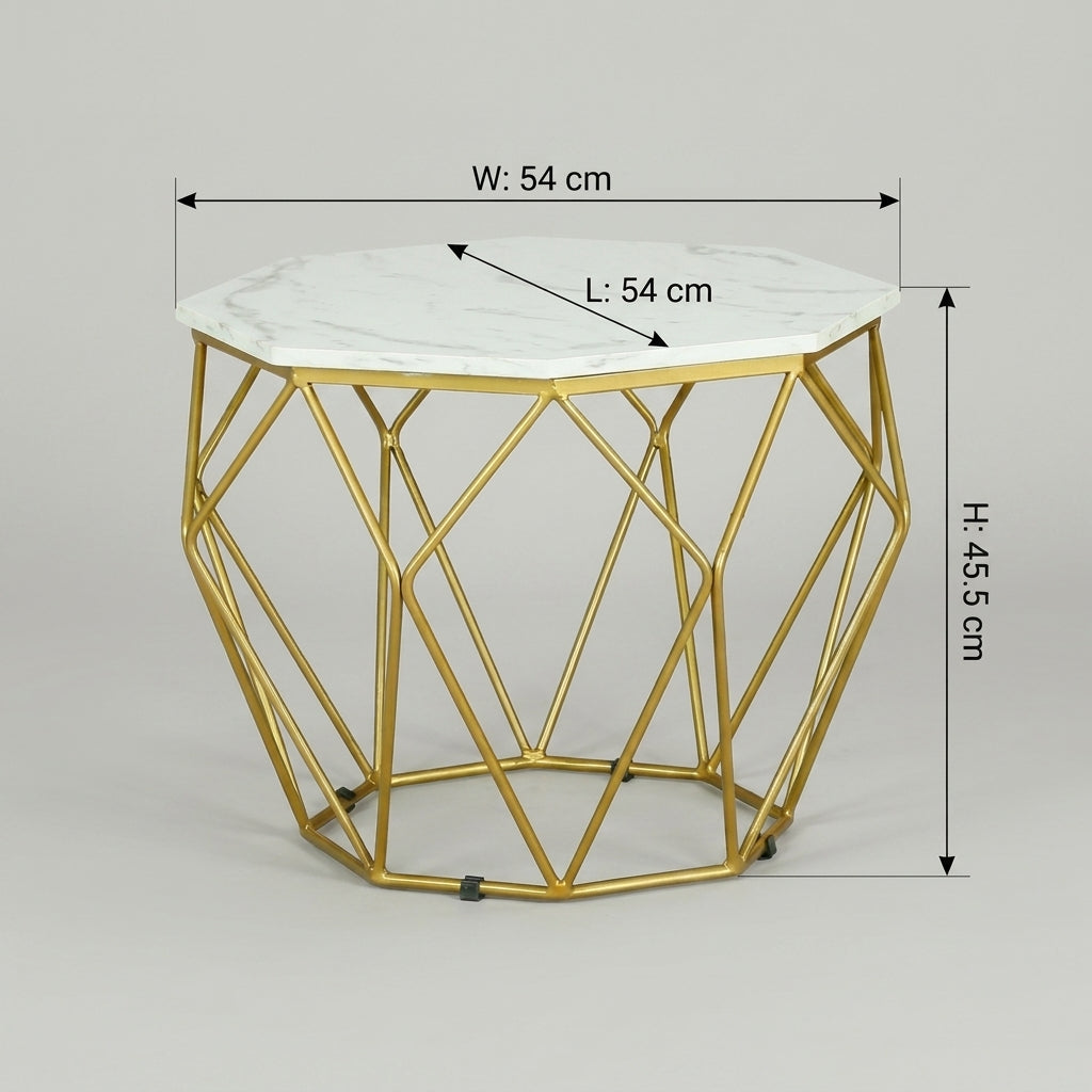 Hexagon Marble Side Table with Gold Metal Frame by Zodiya