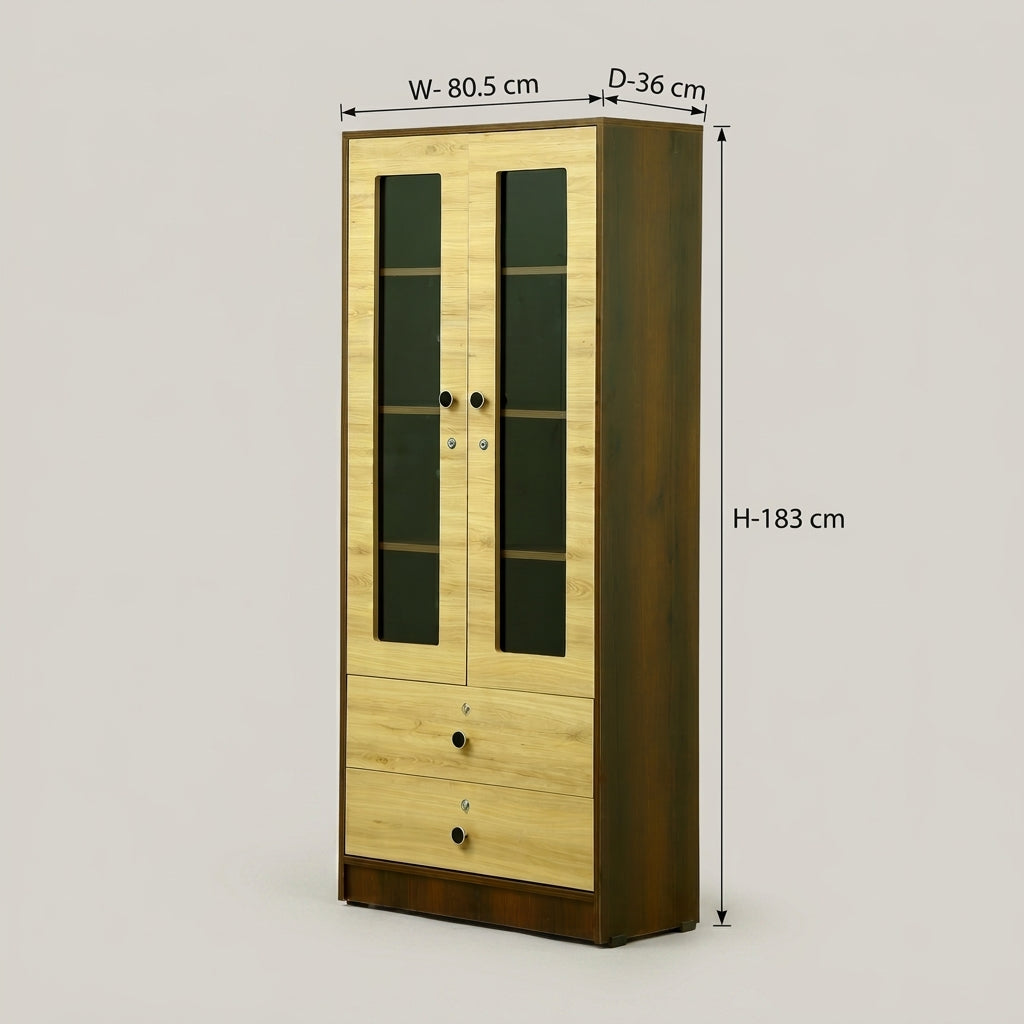 Stilo Beige Glass Door Bookshelf with Drawer By Zodiya