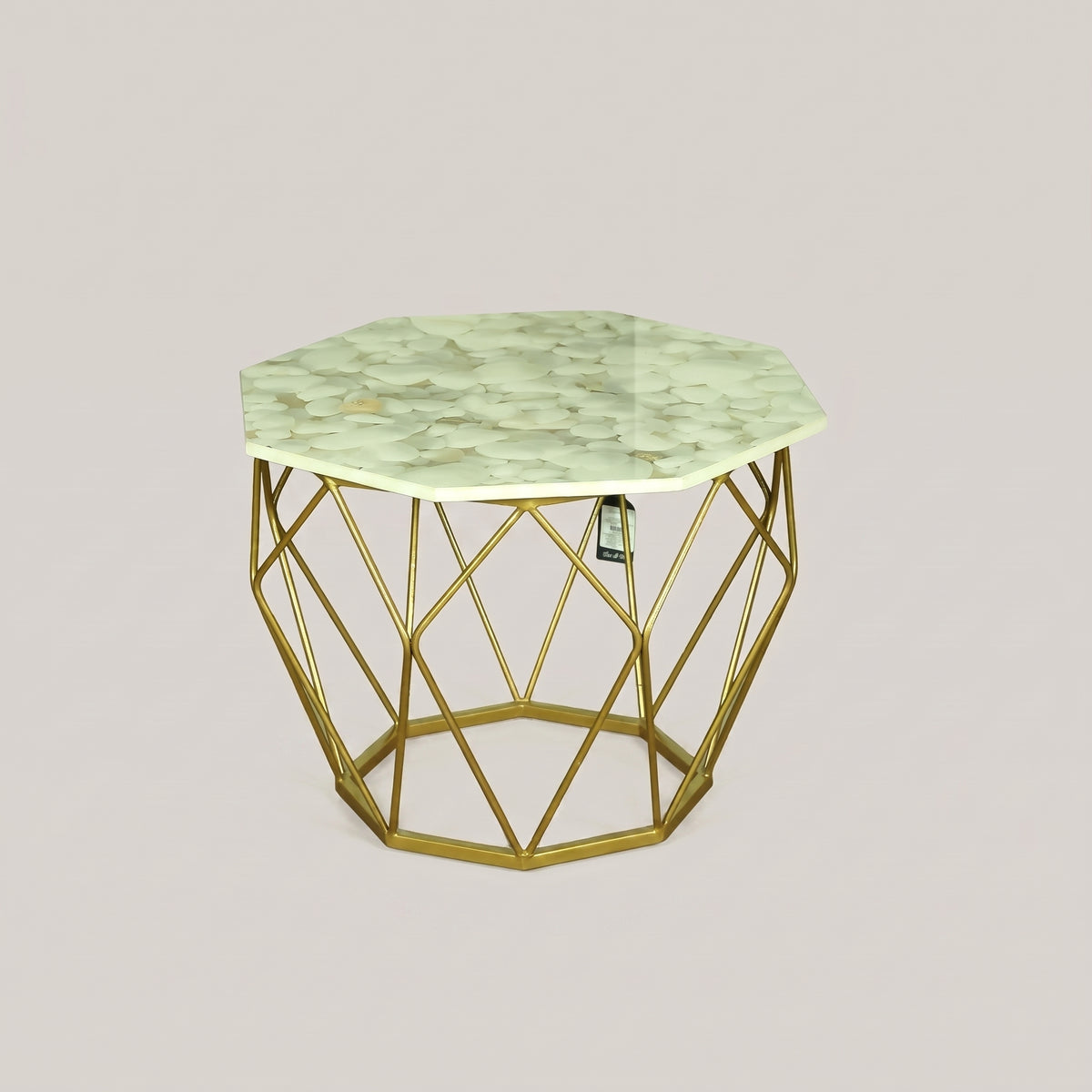 Hexagonal Marble Top Coffee table with Gold Geometric Base by Zodiya