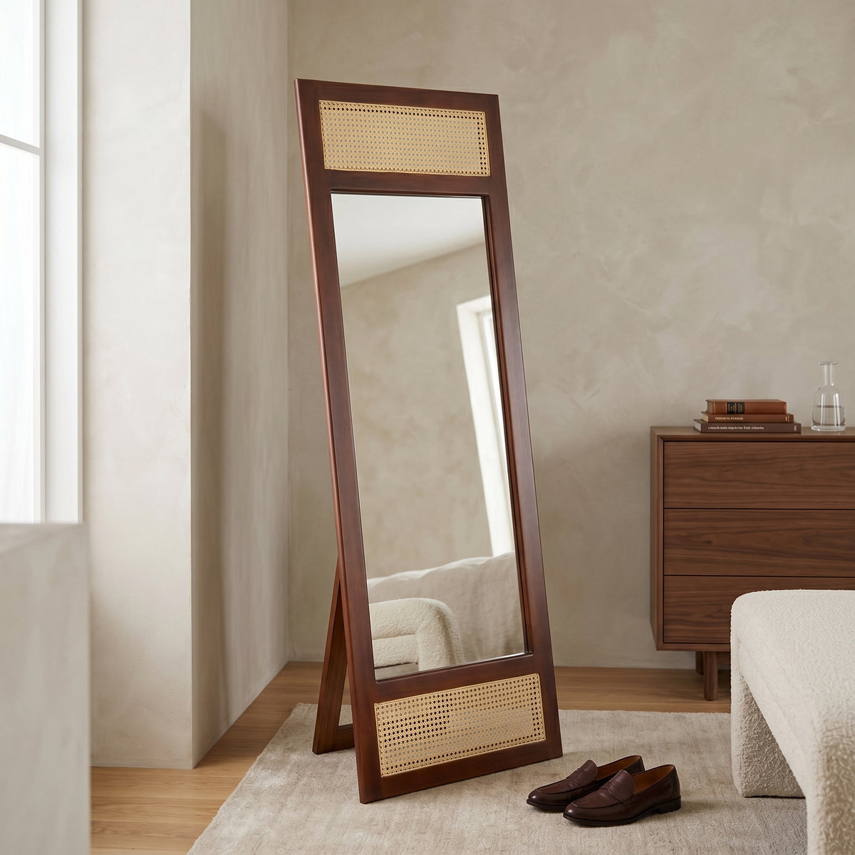 Canevia Wooden Standing Mirror with Rattan Design by Zodiya