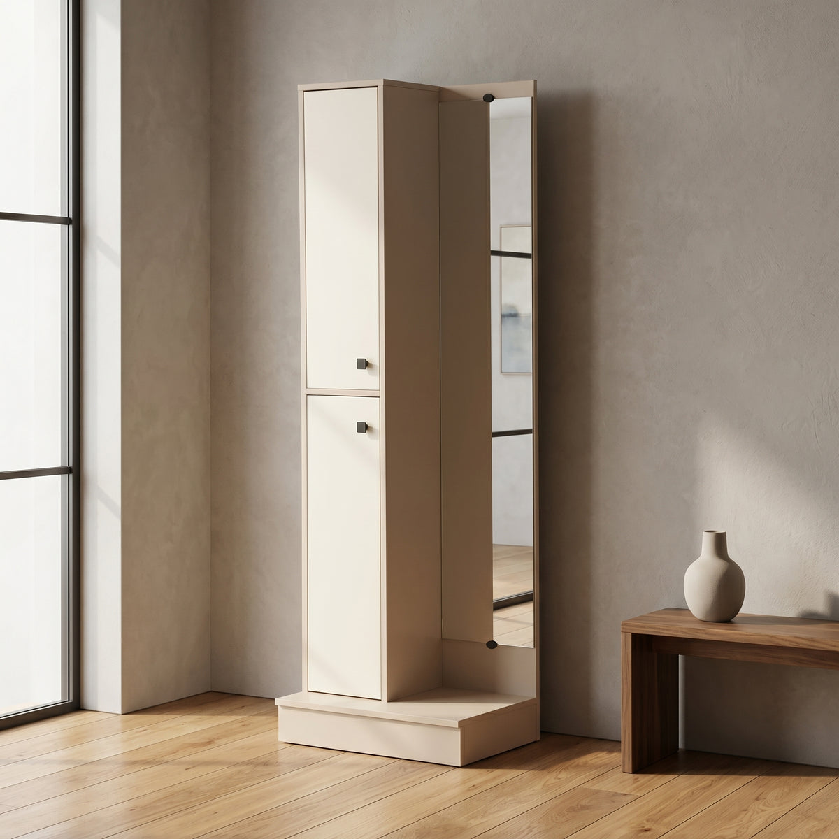 Beige Engineered Wood Tall Dressing Table with Full Length Mirror & Cabinets by Zodiya