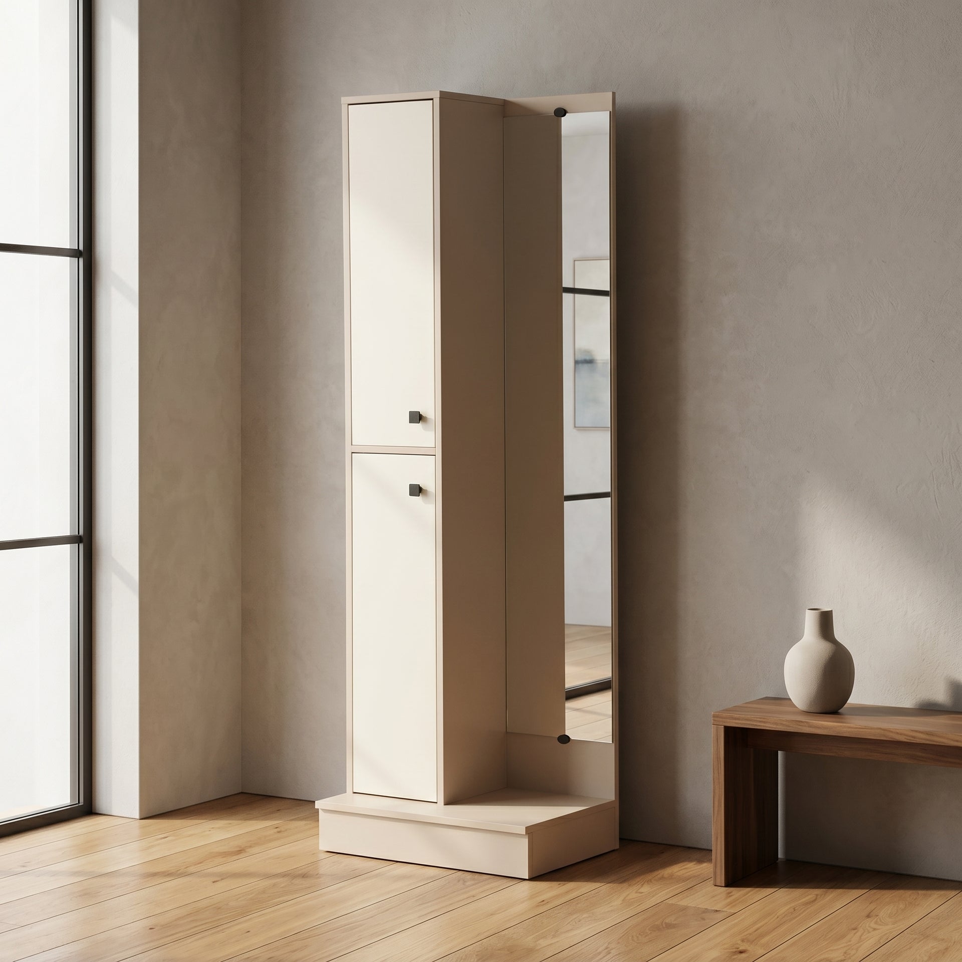 Beige Engineered Wood Tall Dressing Table with Full Length Mirror & Cabinets by Zodiya