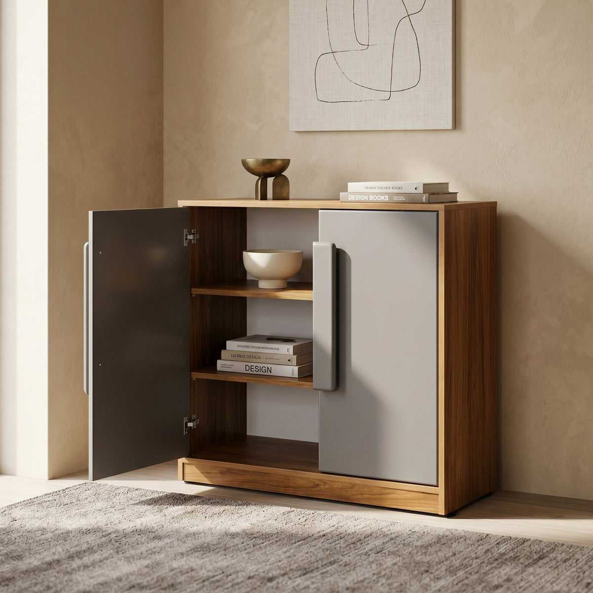 Wooden Shoe Rack with Grey Metal Doors by Zodiya