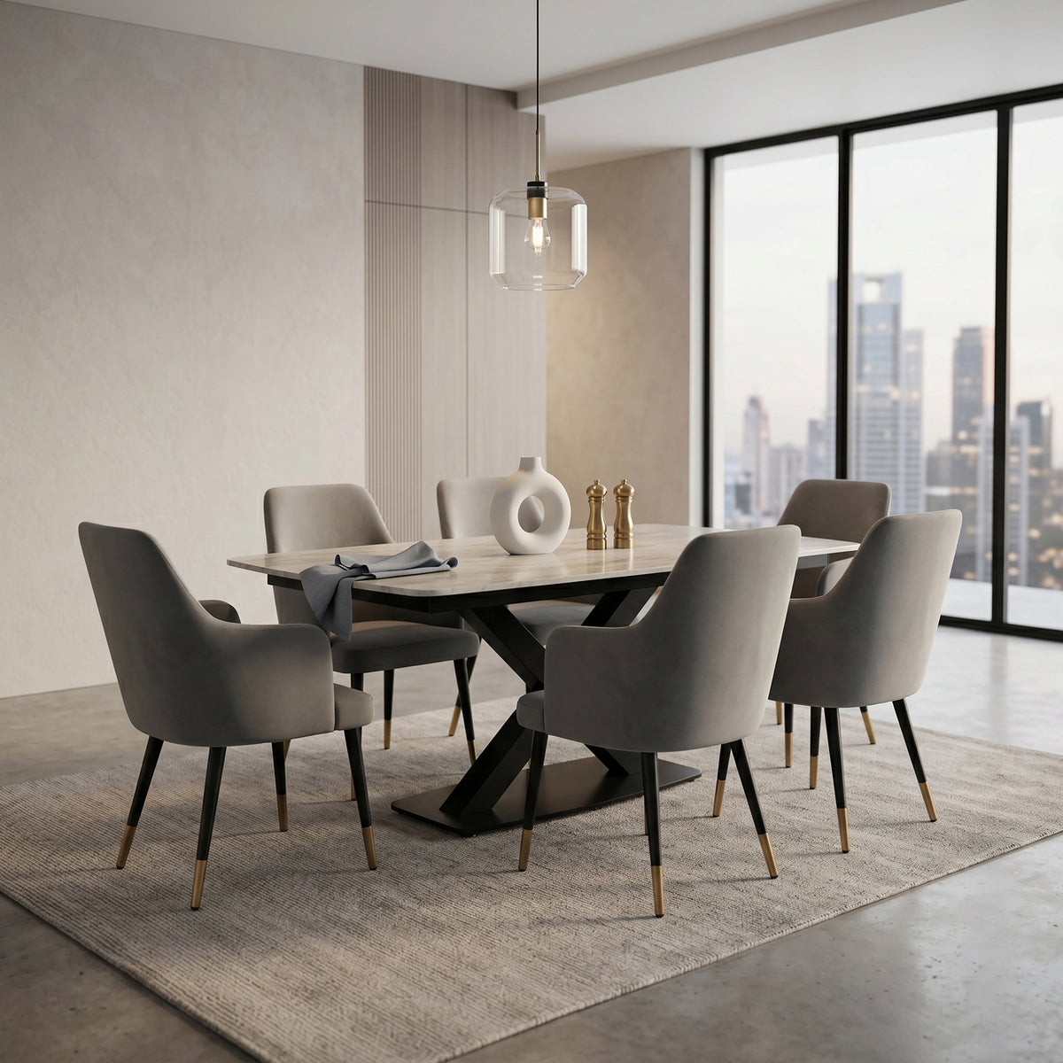 Rectangular Marble Dining Table with Black X-Base by Zodiya
