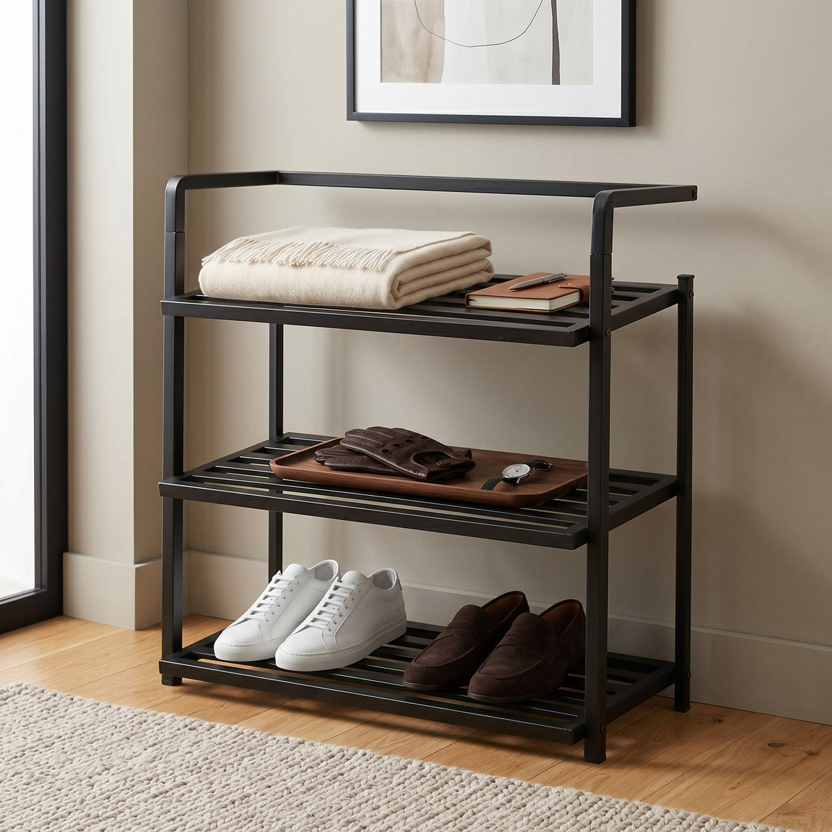3-Tier Black Metal Shoe Rack Organizer Shelf by Zodiya
