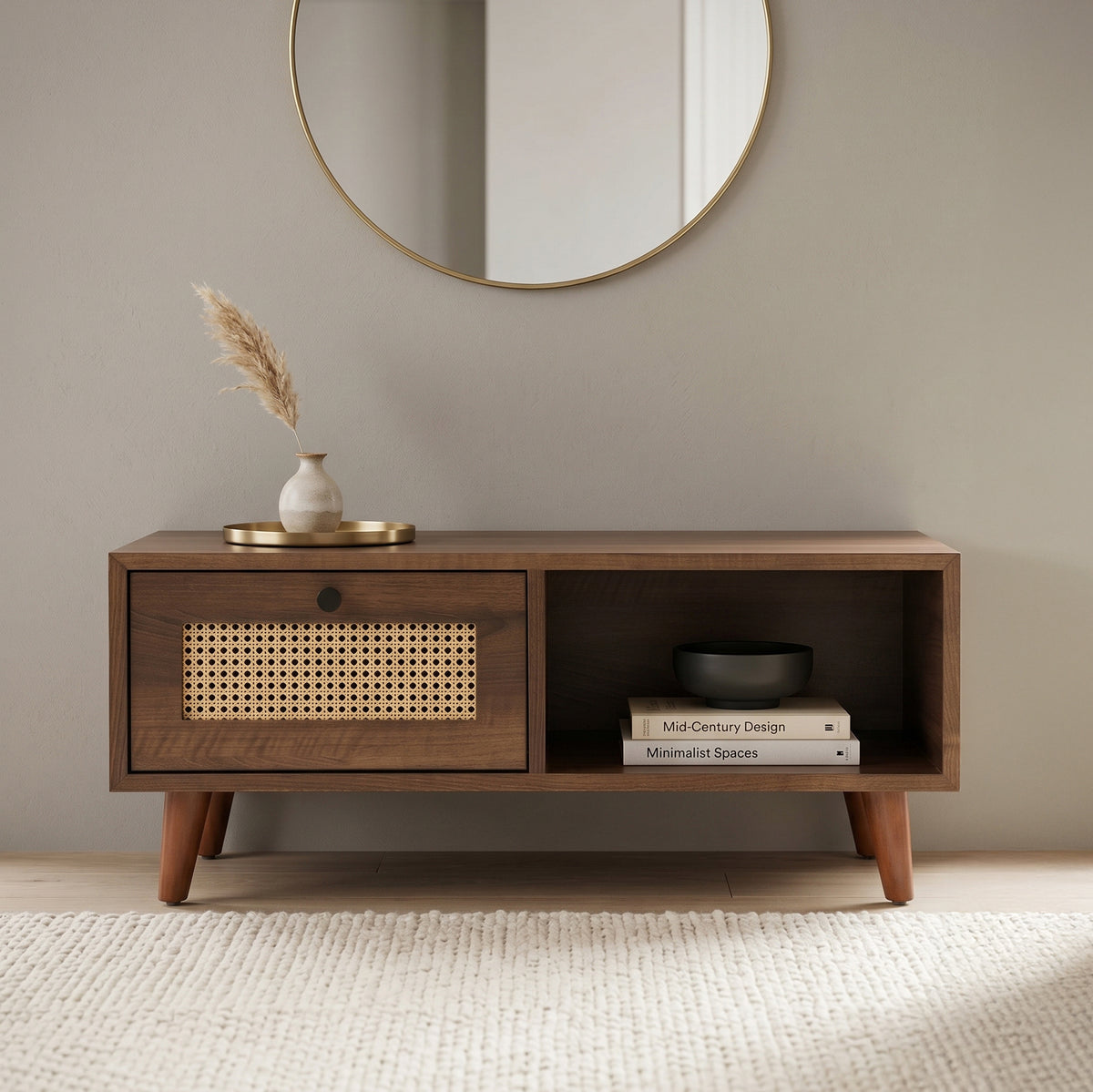 Orvanta Round White Coffee Table with Wooden Base by Zodiya