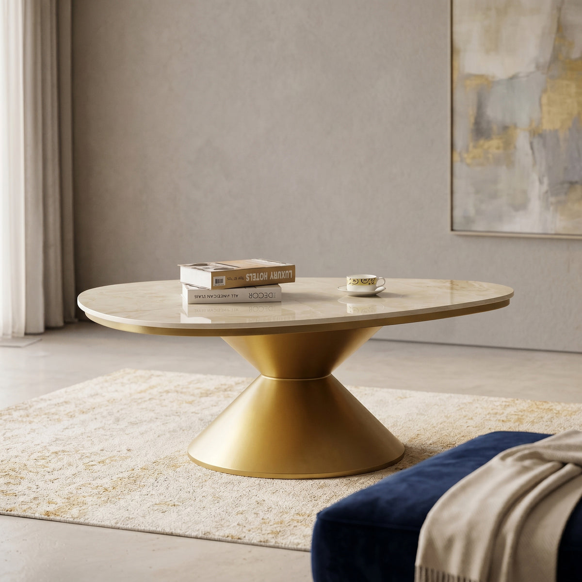 Oval Marble Coffee Table with Gold Pedestal Base by Zodiya