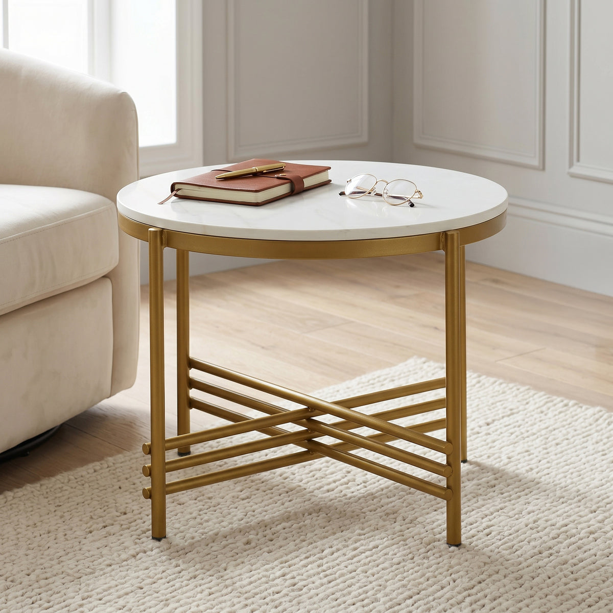 Round Marble Side Table with Gold Base by Zodiya