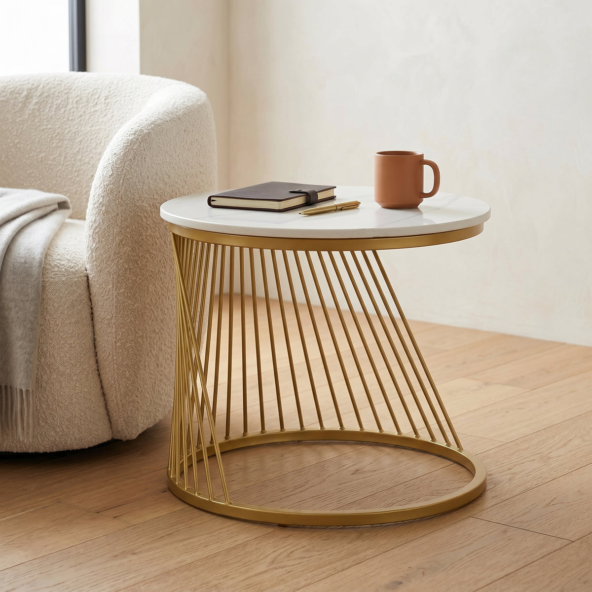 Round Marble Top Coffee Table with Metallic Gold Base by Zodiya