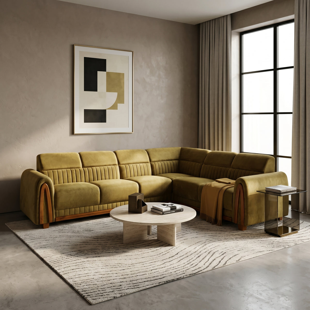 Jester Yellow Velvet L-Shape Sectional Sofa ( 5 seater) by Zodiya