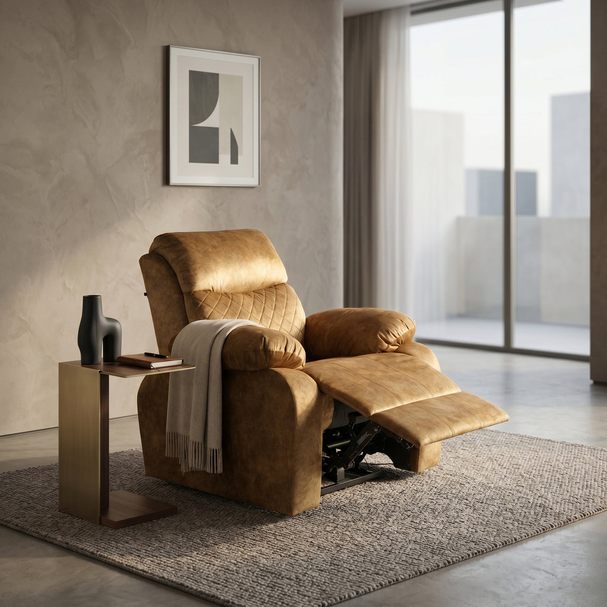 Motorized Brown Velvet 1 seater Recliner Sofa by Zodiya