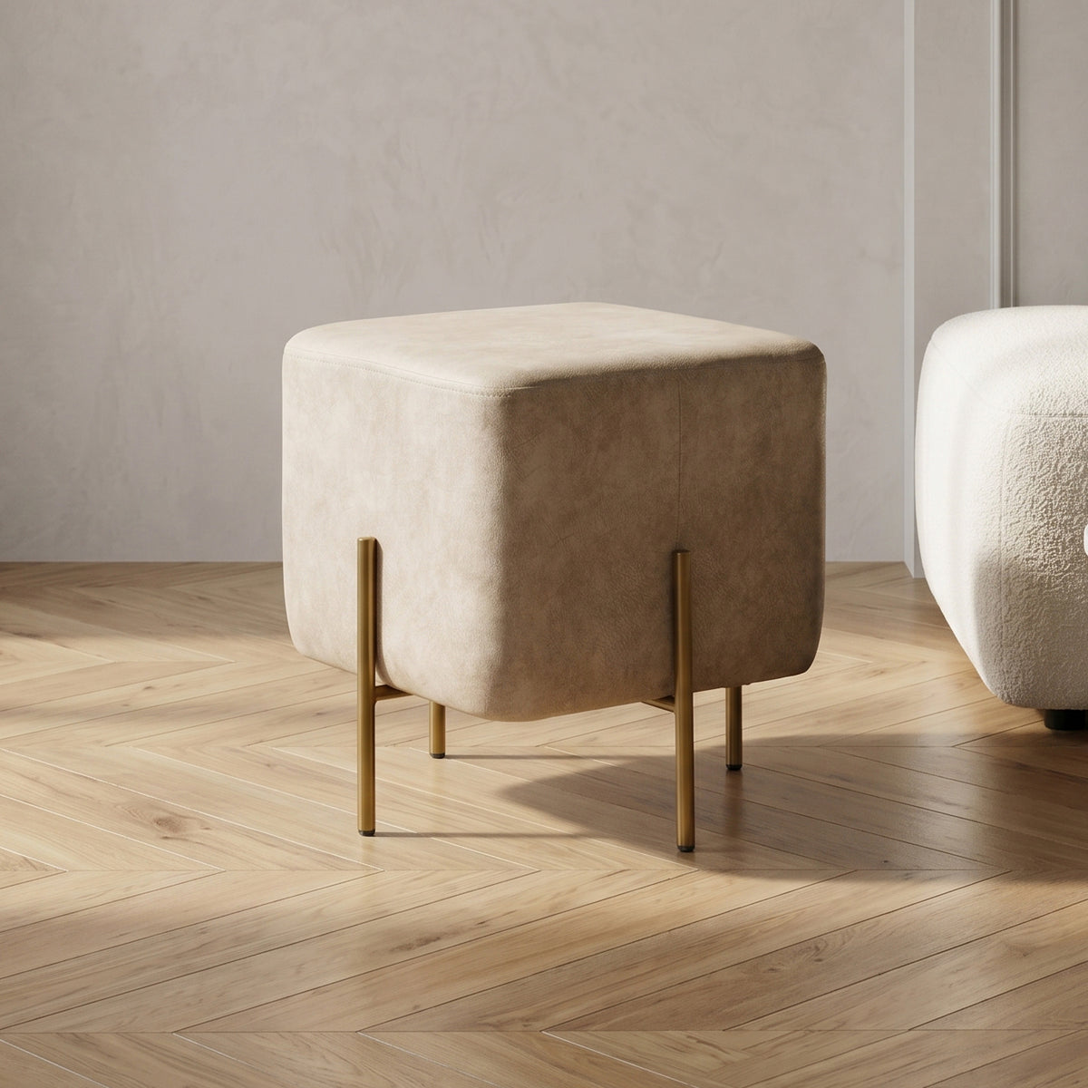 Beige Cube Ottoman with Gold Legs by Zodiya