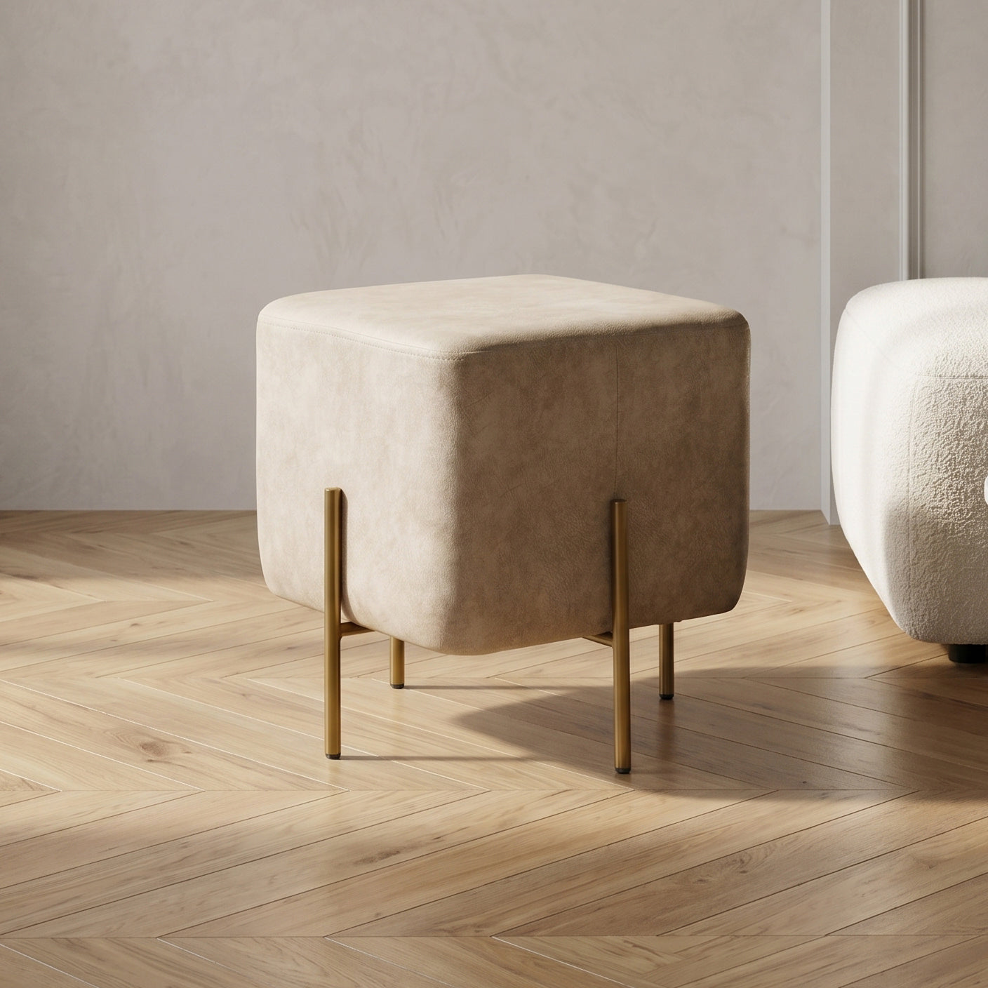 Beige Cube Ottoman with Gold Legs by Zodiya