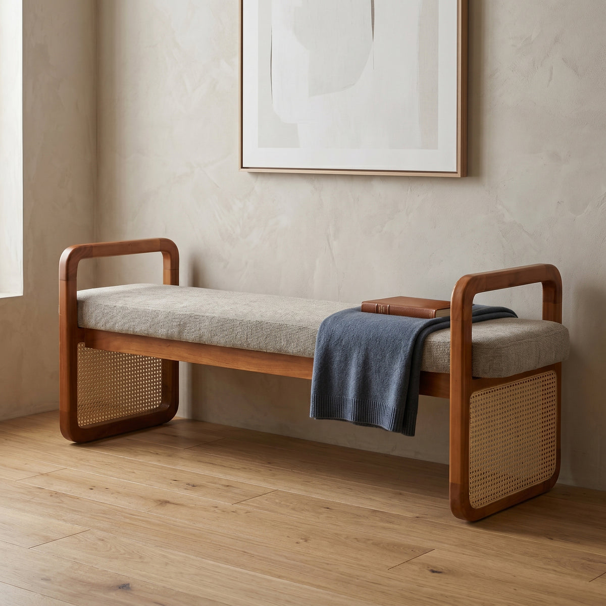 Wooden Ottoman Bench with Rattan Cane and Cushion By Zodiya