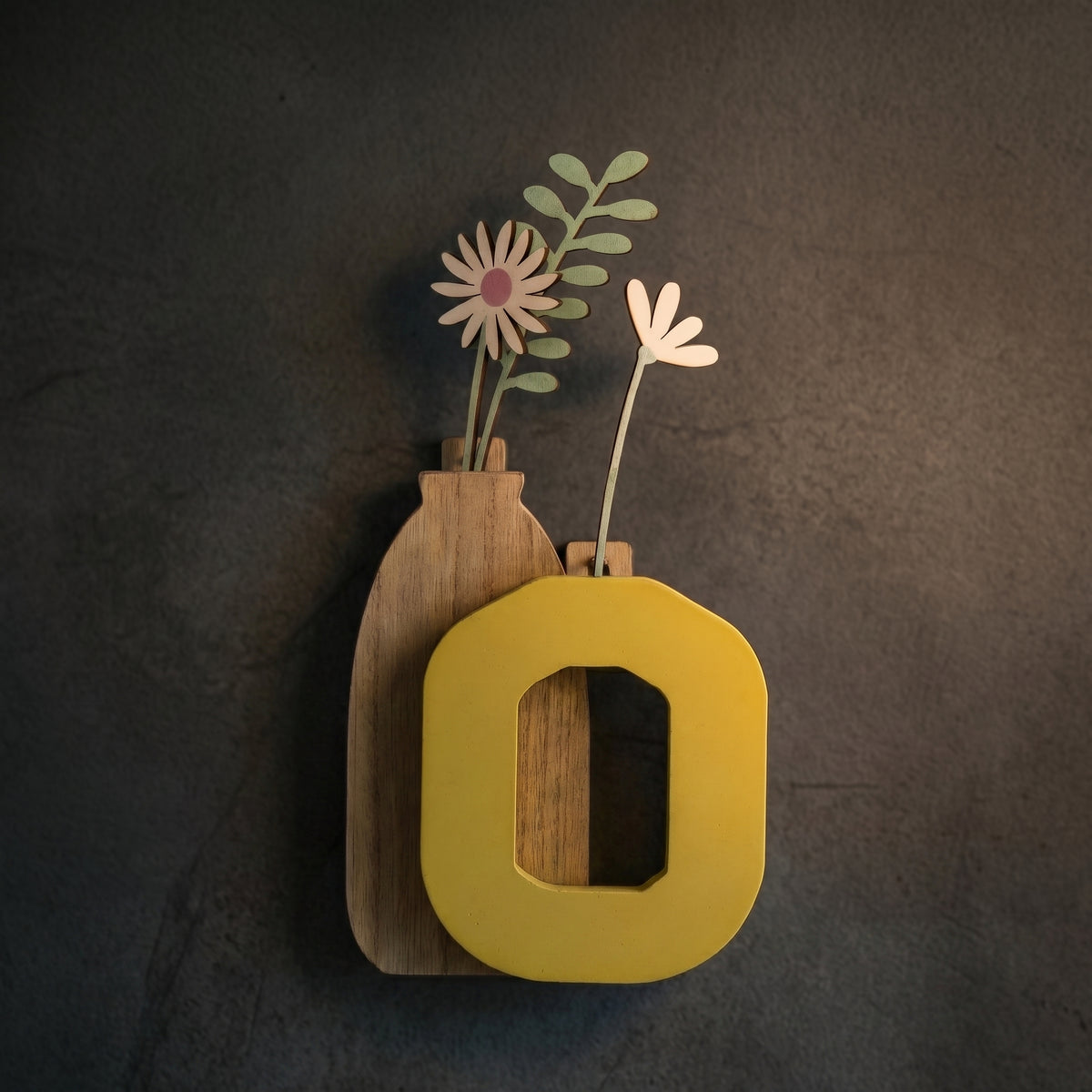 Yellow Wooden Floral Vase Wall Decor by Zodiya