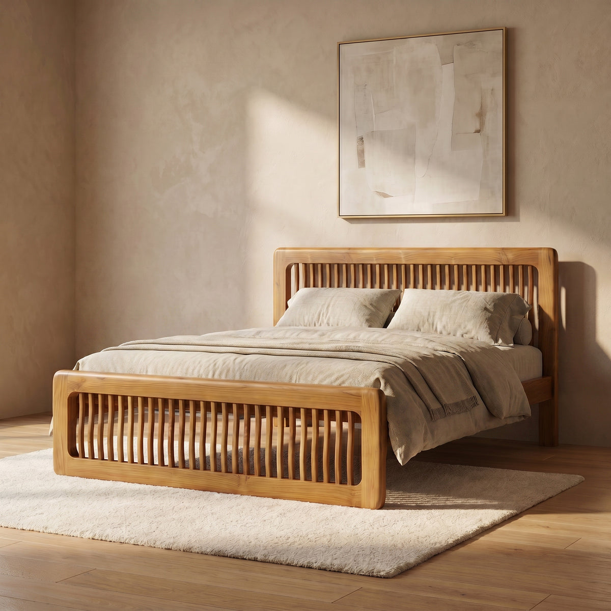 Aurum Wooden Queen Size Bed with Spindle Design By Zodiya