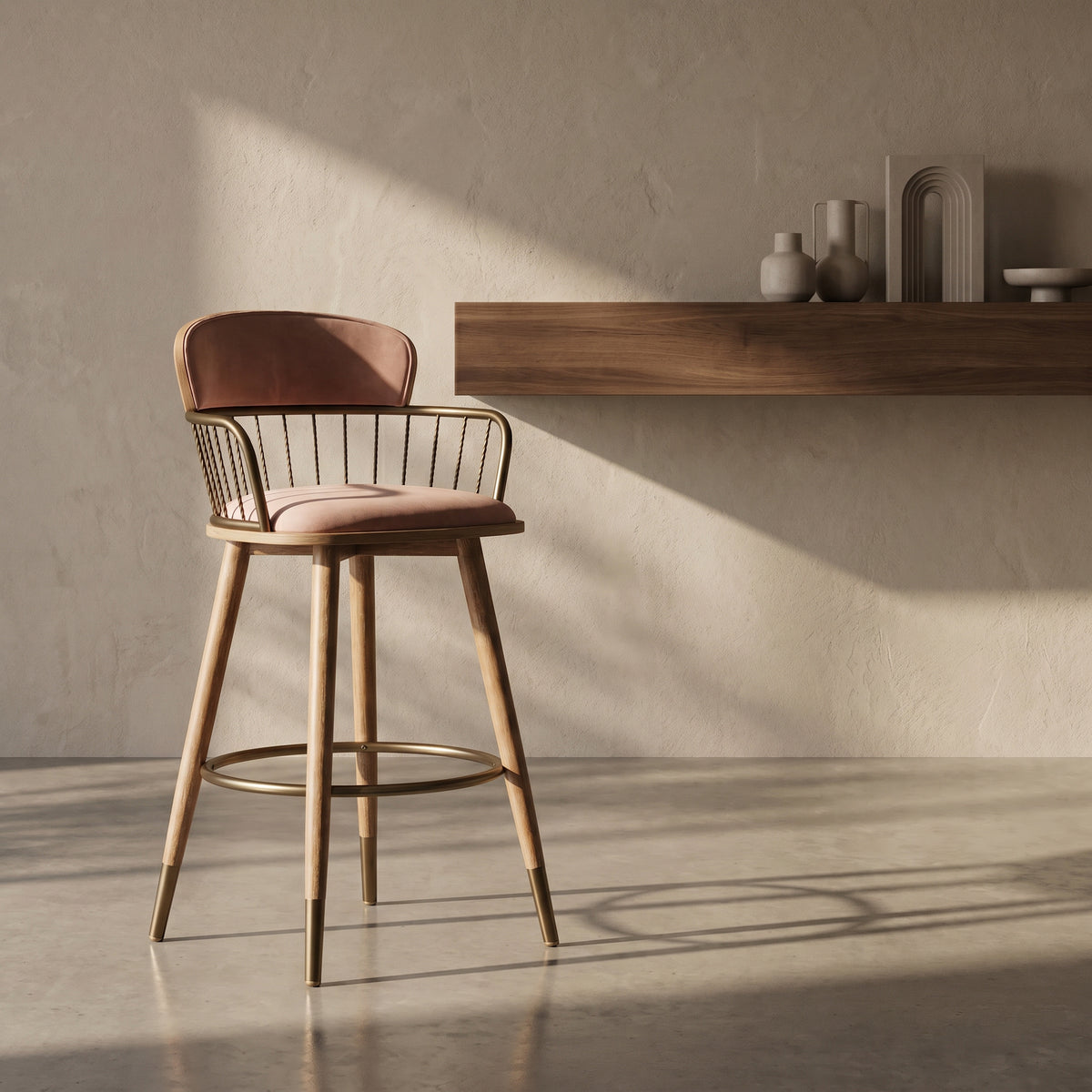 Tara Metallic Pink Velvet Bar Chair | Modern Bar Stool
