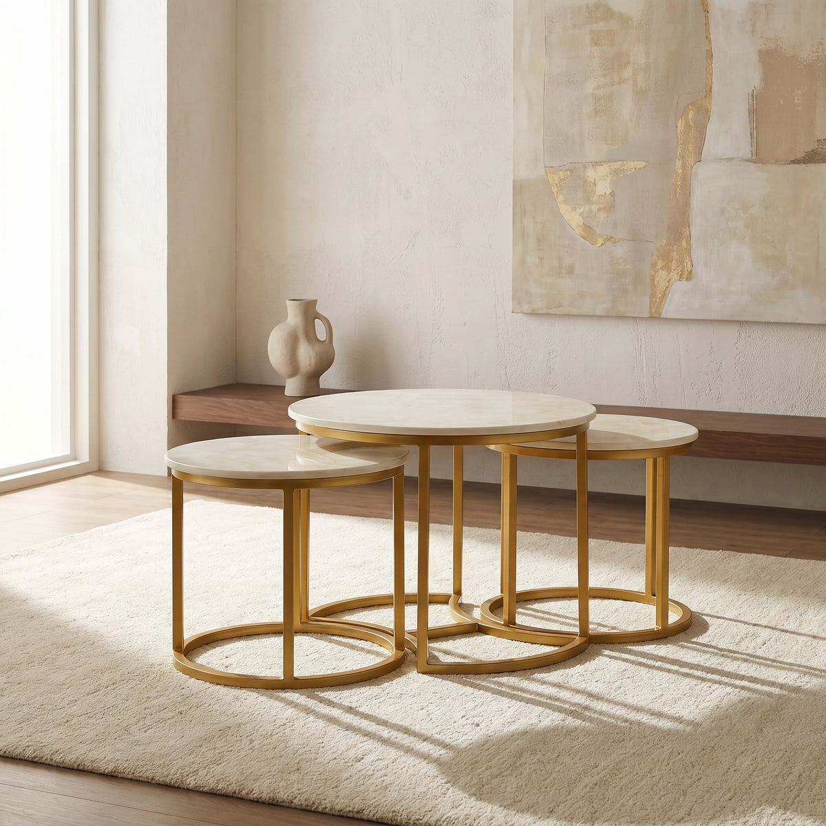 Round Marble Nesting Coffee Tables (Set of 3, Gold )by Zodiya