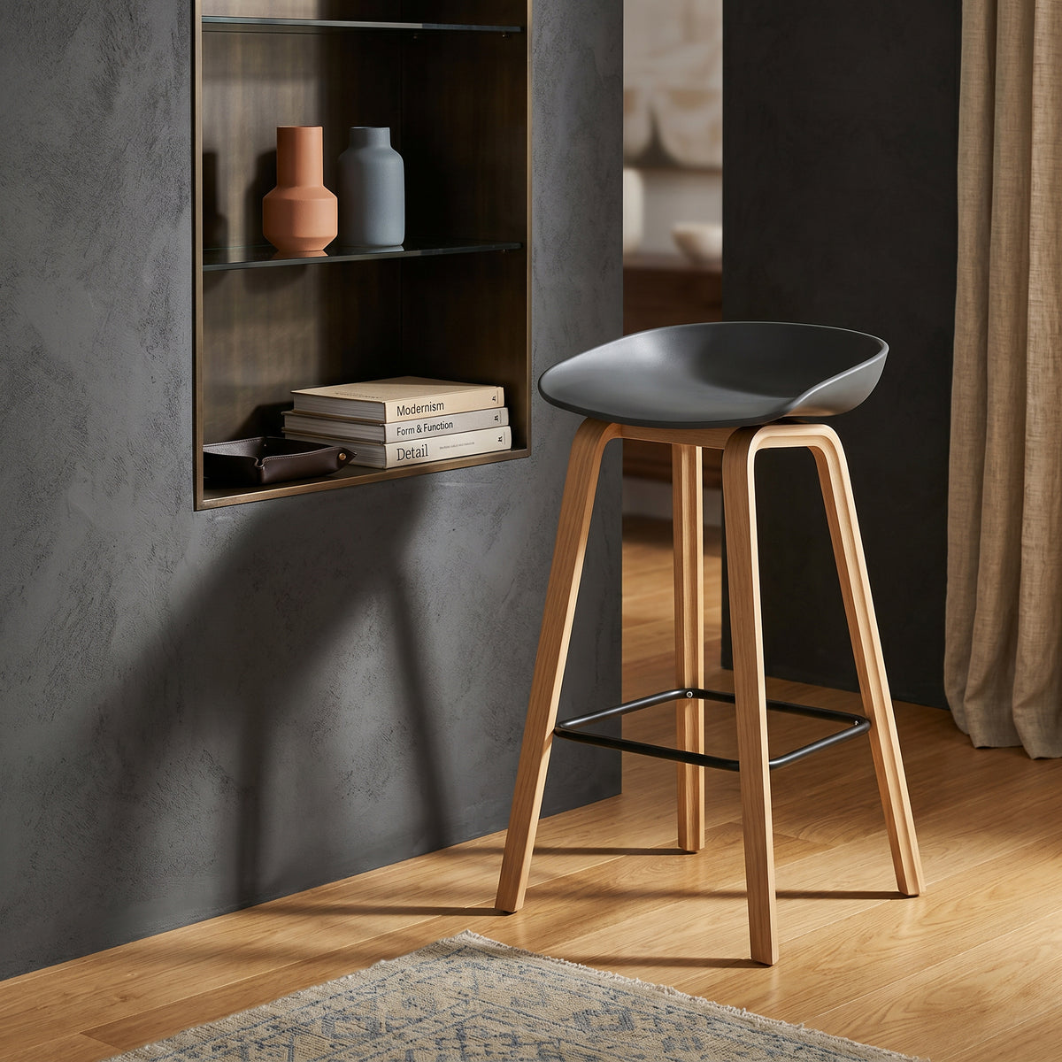 Mordic Wooden Bar Stool with Black Seat by Zodiya