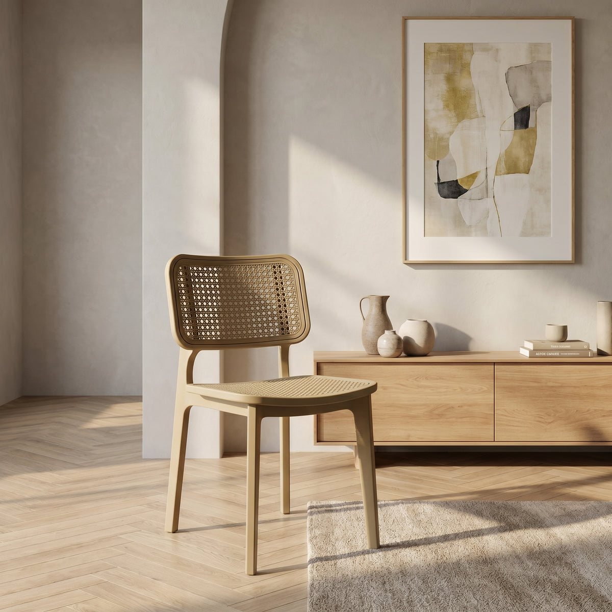 Epic Beige Plastic Dining Chair with Rattan Cane by Zodiya