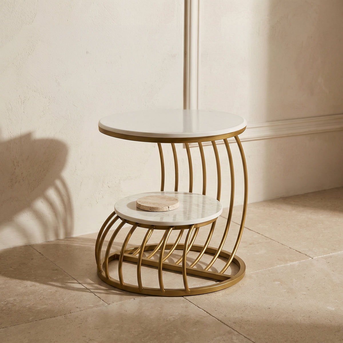 2-Tier Round Marble Side Table with Gold Frame by Zodiya