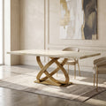 Luxury Beige Marble Dining Table with Curved Gold Pedestal by Zodiya