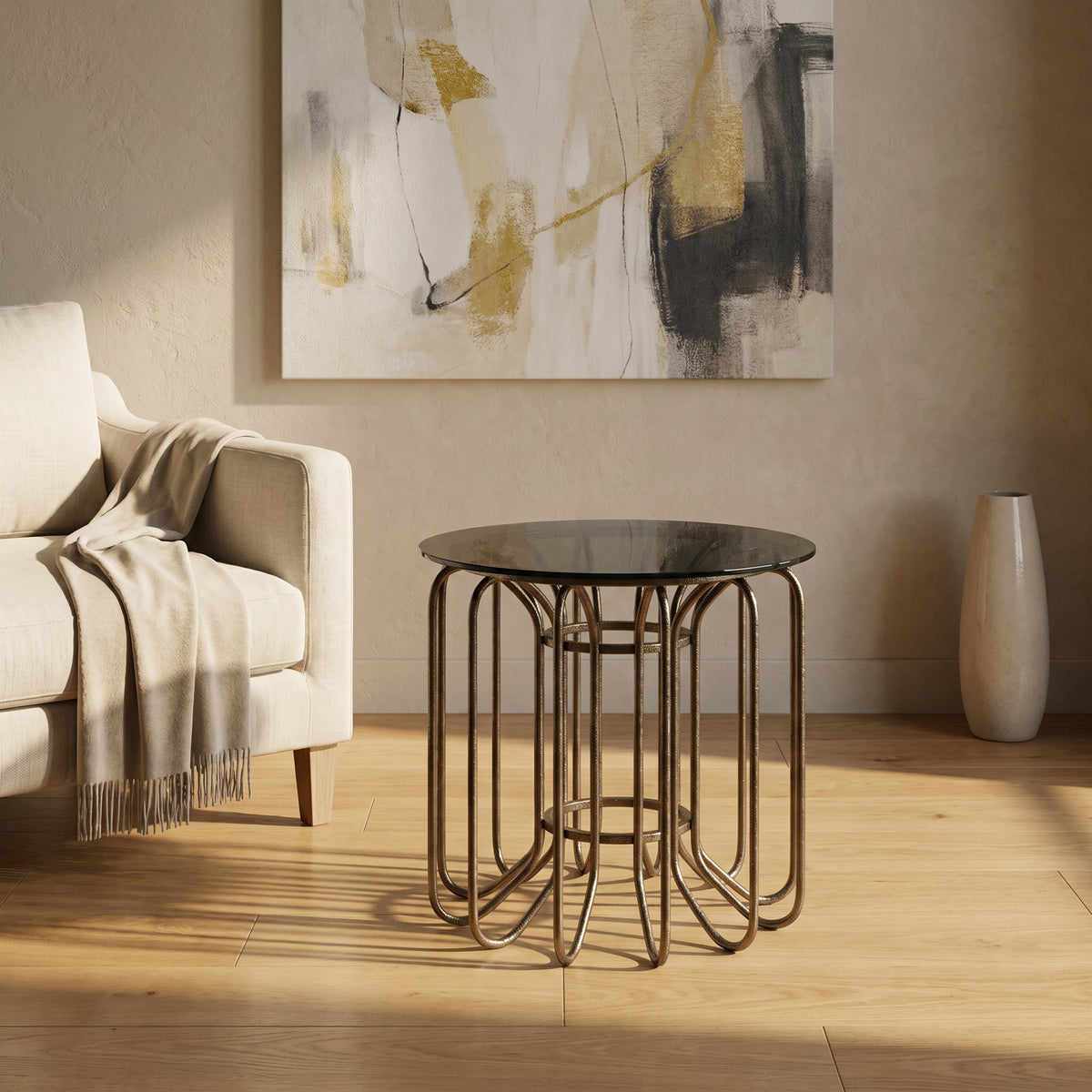 Round Glass Top Side Table with Metal Base by Zodiya