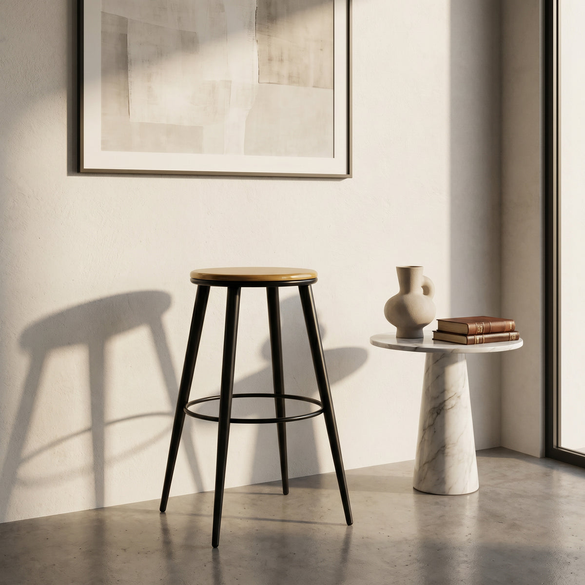Modern Round Wooden Bar Stool with Black Metal Legs by Zodiya