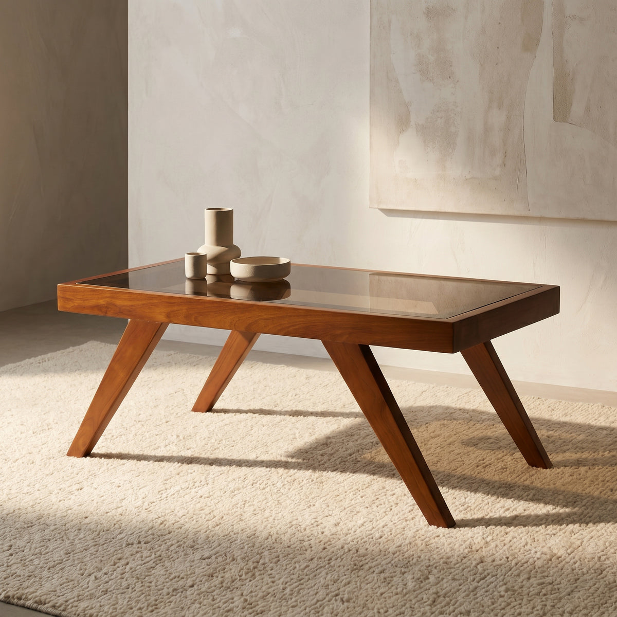 Square Glass Top Wooden Coffee Table by Zodiya